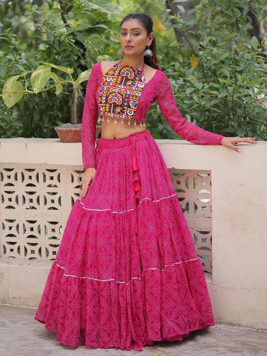 Charming Pink Georgette Gota Patti Work Crop Top Lehenga